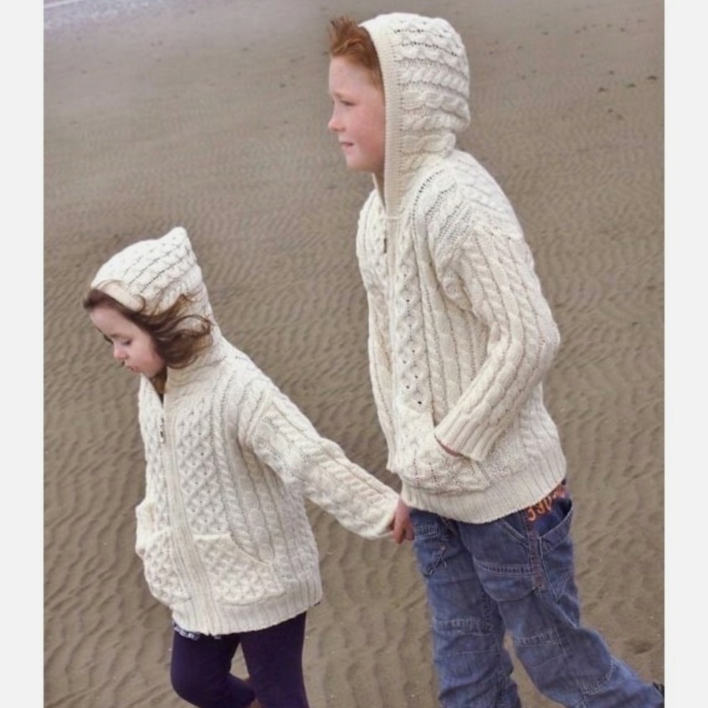 Aran Crafts Irish Merino Wool Ivory Kids Hooded Zip Sweater w/Pockets 2-3 yr NWT